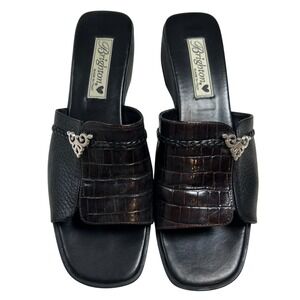 Brighton Women Black Leather Crocodile Embossed Slide Mules Sandals Heels 8.5